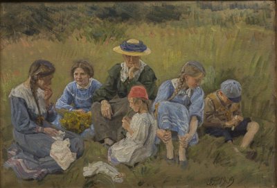 Riposo nel prato. La moglie e i figli dell