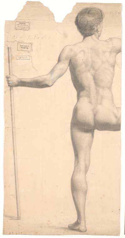 Modello maschile in piedi, visto da dietro, bastone nella mano sinistra, braccio e gamba destra tagliati da Joakim Frederik Skovgaard