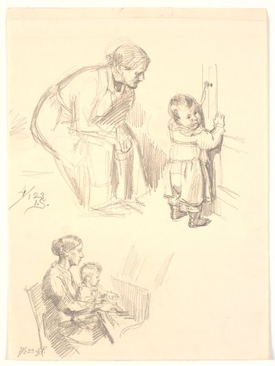 Due studi di figure. In alto una donna seduta che osserva un bambino alla porta; in basso una donna con un bambino al pianoforte da Joakim Frederik Skovgaard