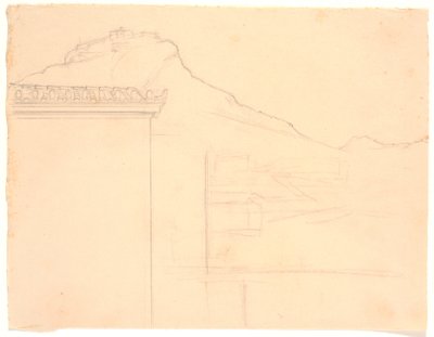 Vista verso edifici su una cima rocciosa; in primo piano a sinistra un angolo di casa da Joakim Frederik Skovgaard