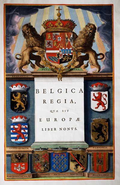 Belgica Regua quae est Europae, Libro IX, pagina del titolo del Volume IV, da Atlas Maior, atlante in 11 volumi, di Joan Blaeu (1596-1673), incisione su rame, 57.5x39 cm, Amsterdam da Joan Blaeu
