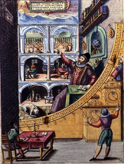 Astronomo danese Tycho Brahe (1546 - 1601) nel suo osservatorio a Uranienburg - incisione a colori di Atlas Major Ssive e cosmografia Blavania labores e sumptibus di Johannis Blaev da Joan Blaeu