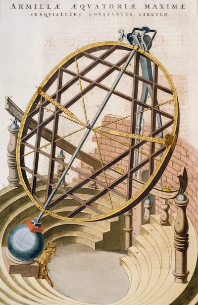 Grande sfera armillare equatoriale progettata da Tycho Brahe, illustrazione da Le grand atlas ou Cosmographie blaviane (Atlas Maior), di Joan Blaeu, incisione, Paesi Bassi da Joan Blaeu