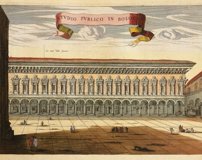 Italia, Bologna, Veduta dello Studio Pubblico nel 1600, incisione da Theatrum Civitatum et Admirandorum Italiae di Jean Blaeu, Amsterdam da Joan Blaeu