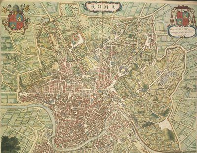 Mappa di Roma, incisione da Theatrum civitatum et admirandorum Italiae di Joan Blaeu, stampato in Italia da Joan Blaeu