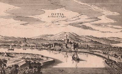 Veduta prospettica della città e del porto di Ostia, Lazio, Italia, incisione su rame, ca 278x173 cm da Joan Blaeu