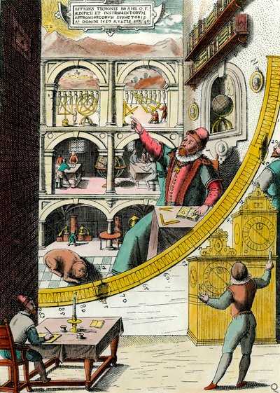 Rappresentazione di Tycho Brahe, astronomo danese nel suo osservatorio. Incisione da 