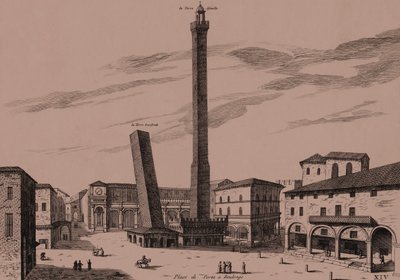 Le due torri (Asinelli e Garisenda), Bologna, Emilia-Romagna, Italia, incisione su rame, ca 21x29 cm da Joan Blaeu