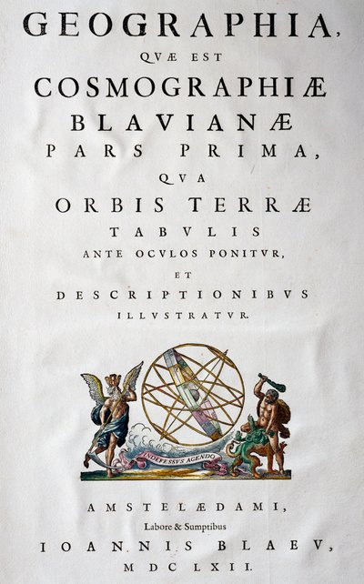 Pagina del titolo della Parte I, Atlas Maior, atlante in 11 volumi, di Joan Blaeu (1596-1673), incisione su rame, 57.5x39 cm, Amsterdam da Joan Blaeu