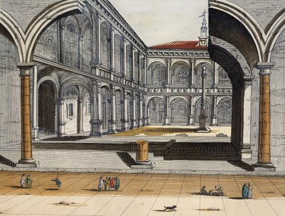 Veduta del cortile interno della vecchia Università di Bologna, Joan Blaeu, incisione, Italia da Joan Blaeu