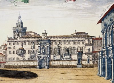 Veduta della vecchia piazza di Bologna, incisione di Giacomo Lauro e Joan Blaeu da 