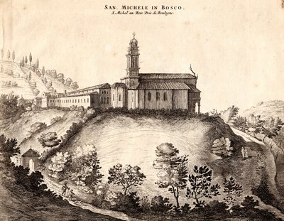 Veduta del Monastero di San Michele in Bosco, Bologna, Emilia-Romagna, Italia, incisione su rame, ca 21x29 cm da Joan Blaeu