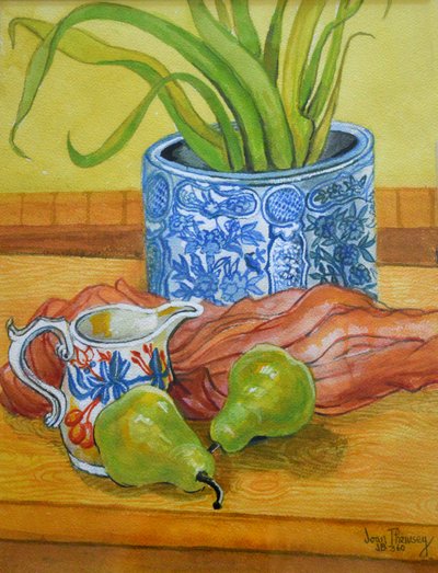 Vaso blu e bianco, brocca e pere, 2006 da Joan Thewsey
