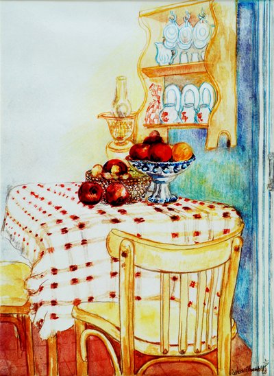 Tavolo della cucina del cottage con mele, 2005 da Joan Thewsey
