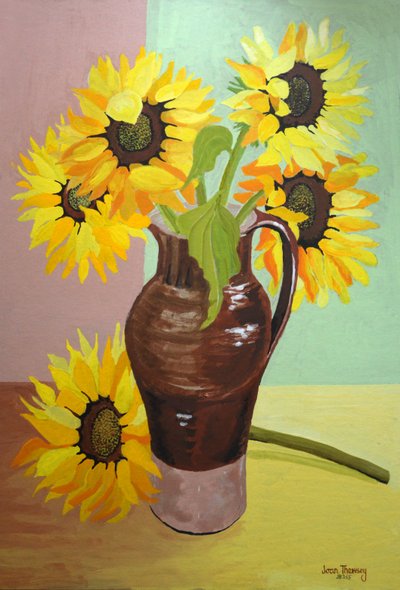 Cinque girasoli in una brocca marrone alta, 2007 da Joan Thewsey