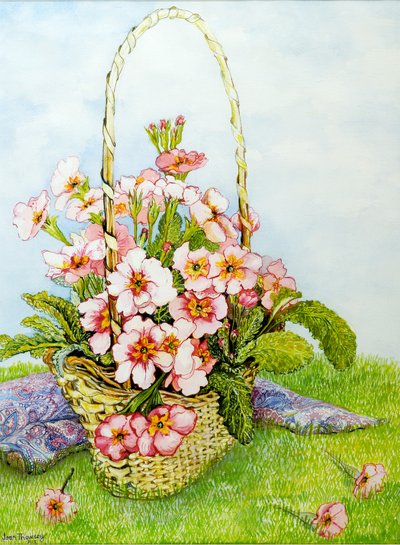 Primule rosa in un cesto da fiorista con una sciarpa paisley da Joan Thewsey