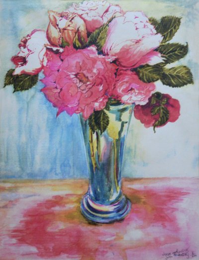 Rose rosa in un bicchiere blu, 2000 da Joan Thewsey