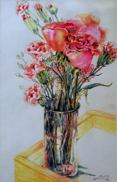 Rose rosa con garofani di cottage, 2010 da Joan Thewsey