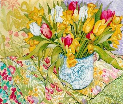 Tulipani e narcisi con tessuti decorati, 2000 da Joan Thewsey