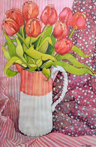 Tulipani in una brocca rosa e bianca, 2005 da Joan Thewsey