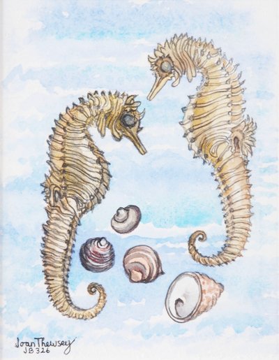 Due cavallucci marini, con conchiglie, 2000 da Joan Thewsey