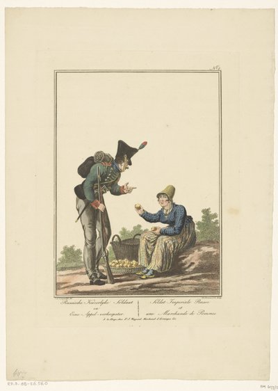 Soldato in piedi accanto a una venditrice di mele seduta (Soldato imperiale russo e una venditrice di mele) (Uniformi e costumi) da Joannes Bemme