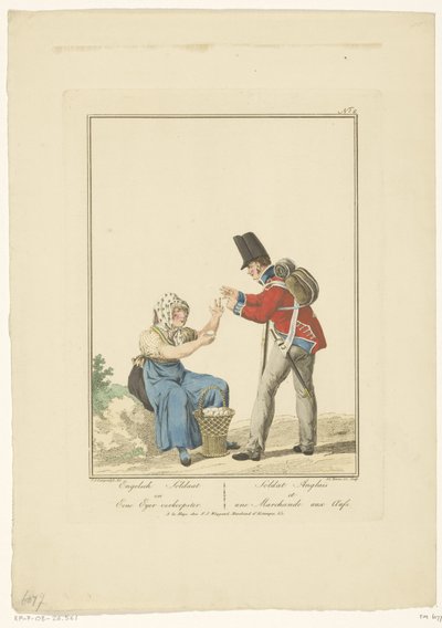 Soldato in piedi con venditrice di uova seduta da Joannes Bemme