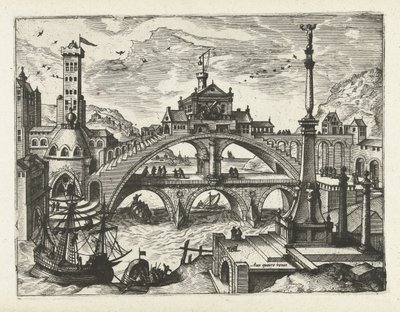 Città con ponte edificato (serie di paesaggi, vedute marine e vedute di città fantasiose) da Joannes van Doetechum (I) (attributed to)