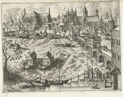 Veduta urbana con ponte e porto (serie Paesaggi, vedute marine e vedute urbane fantasiose) da Joannes van Doetechum (I) (attributed to)