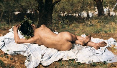 Giovane Bacco: Bacco di spalle si allunga su un lenzuolo nell