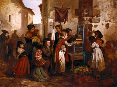 Bambini che giocano nella processione religiosa, dipinto di Joaquim Vayreda y Vila da Joaquin Vayreda
