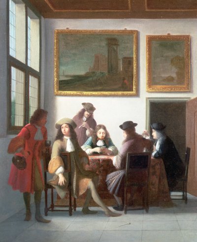 Un interno elegante con uomini che giocano a carte da Job Berckheyde