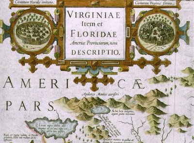 Cartiglio del titolo e inserti, dettaglio della mappa della Carolina del Nord intitolata Virginiae item et Floridae, dal Mercator Atlas... del 1606, pub. da Jodocus Hondius, 1619 da Jodocus Hondius
