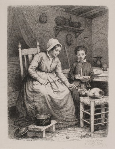 Il gatto riceve il pranzo da una donna povera. Scena domestica da Joel Ballin