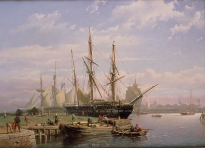 Navi a vela olandesi ancorate in un estuario da Johan Adolph Rust