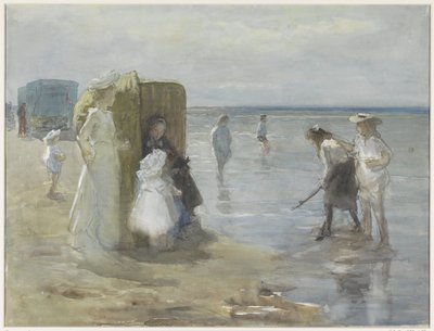 Veduta lungo la linea di marea sulla spiaggia di Scheveningen, con due signore e bambini da Johan Antonie de Jonge