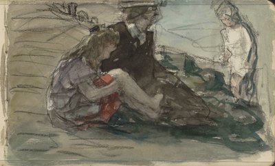 Donna con due bambini lungo la riva da Johan Antonie de Jonge