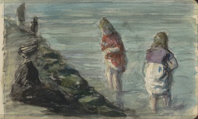 Donna con due bambini lungo la riva da Johan Antonie de Jonge