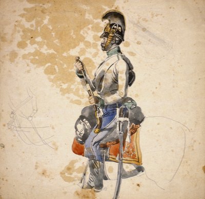 Un cavaliere del 5º reggimento dragoni che ricarica la sua pistola da cavallo, 1840-1850 da Johan Baptiste Heinefetter