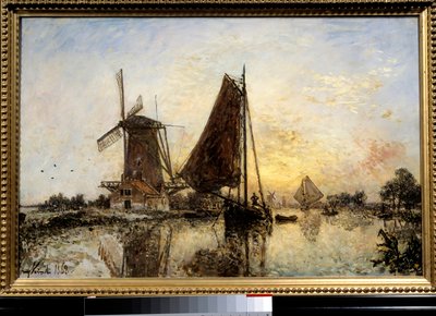 Paesaggio olandese, barche vicino al mulino da Johan Barthold Jongkind