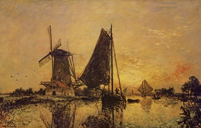 In Olanda, barche vicino a un mulino a vento, 1868 da Johan Barthold Jongkind