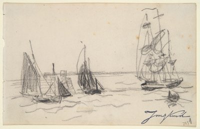 Piccole barche a vela e un tre alberi da Johan Barthold Jongkind