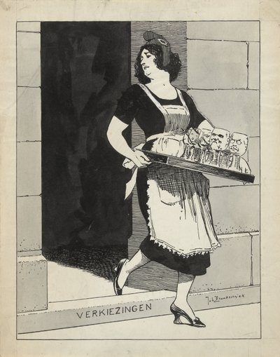 Progetto per illustrazione in De Amsterdammer: La Vergine Olandese come domestica con un vassoio di bicchieri inciampa sul gradino Elezioni (17 maggio 1924) da Johan Braakensiek