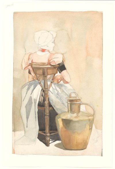 Ragazza seduta in costume tradizionale, vista di schiena da Johan Braakensiek