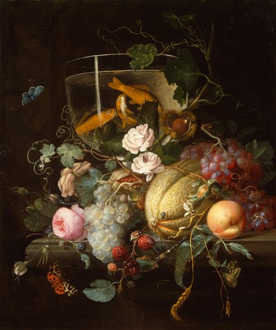 Una ciotola di pesci rossi, rose, frutti e noci con insetti su un davanzale di pietra da Johan Christiaan Roedig