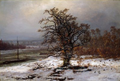 Paesaggio invernale con quercia sulle rive dell