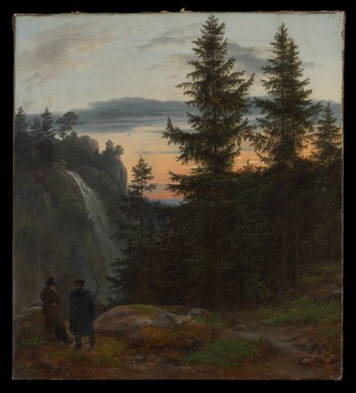 Due uomini davanti a una cascata al tramonto da Johan Christian Dahl