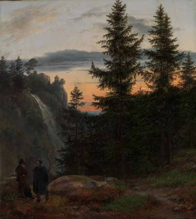 Due uomini davanti a una cascata al tramonto, 1823 da Johan Christian Dahl