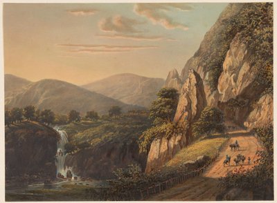 Veduta di una cascata e strada di campagna a Preanger a Giava da Johan Conrad Greive