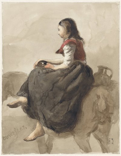 Donna seduta su un cavallo con due brocche da Johan Daniël Koelman